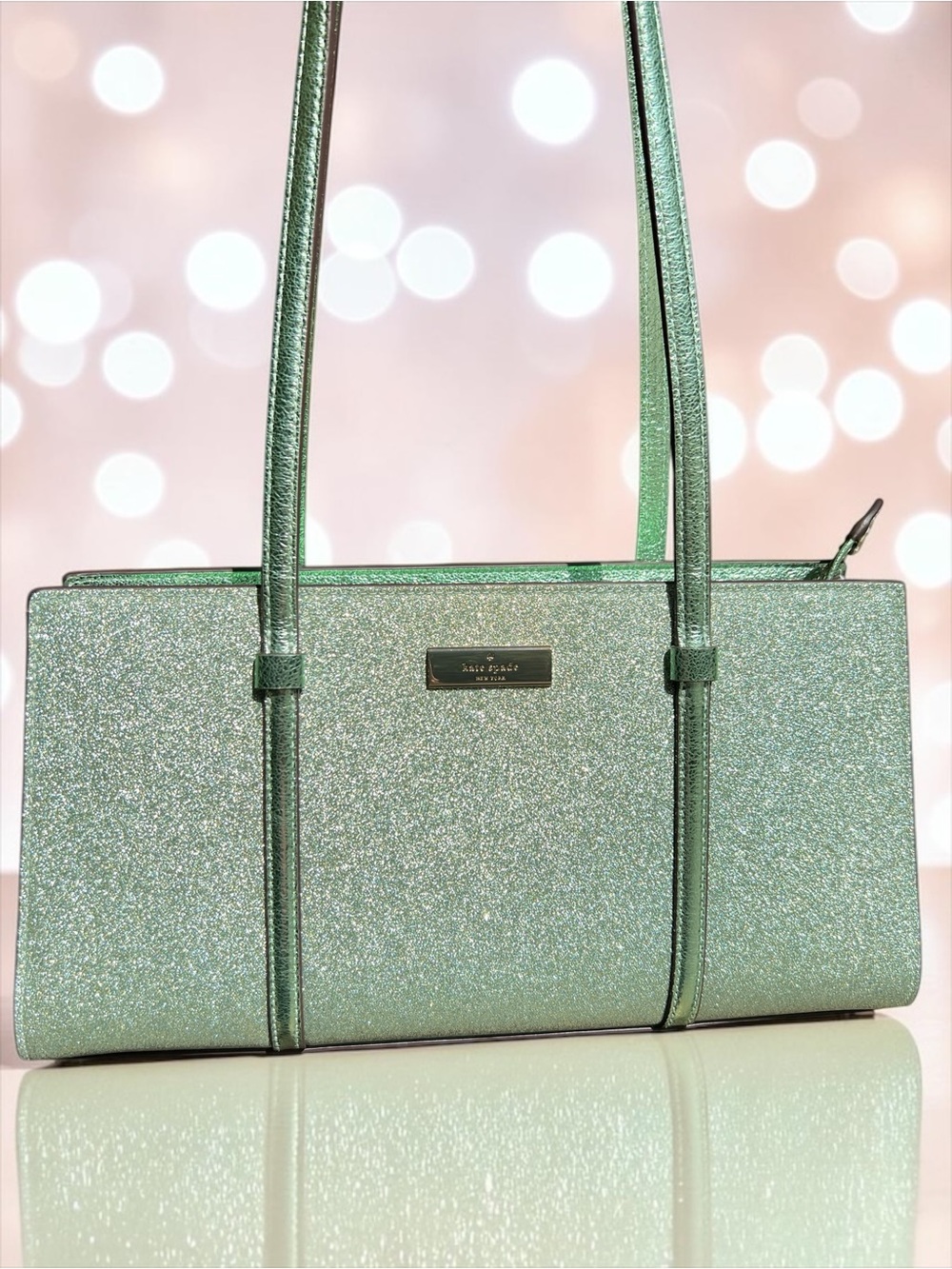 NWT Kate Spade Shoulder Bag, Soft Glitter Fabric and Metallic Leather, Seawater
